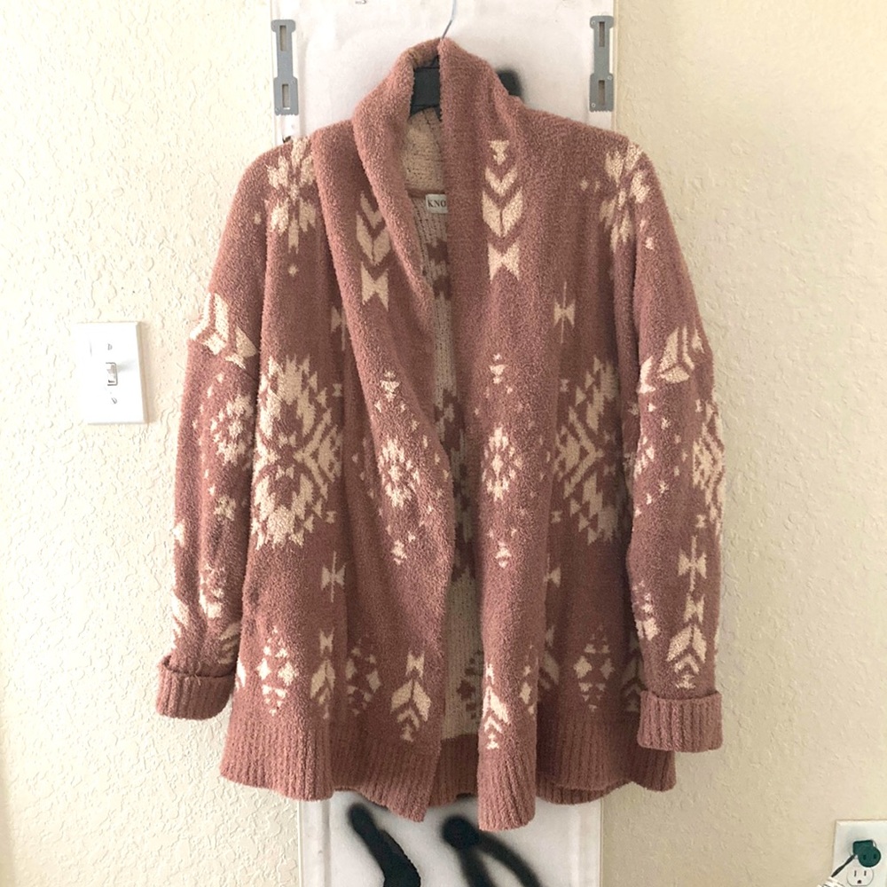 Knox rose fuzzy patterned sweater, soft material brown and cream/ beige